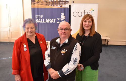 City of Ballarat Mayor, Cr Des Hudson with Lived Experience Advisory Committee member, Linda Genser and Cafs Community Engagement Officer, Linda Borner