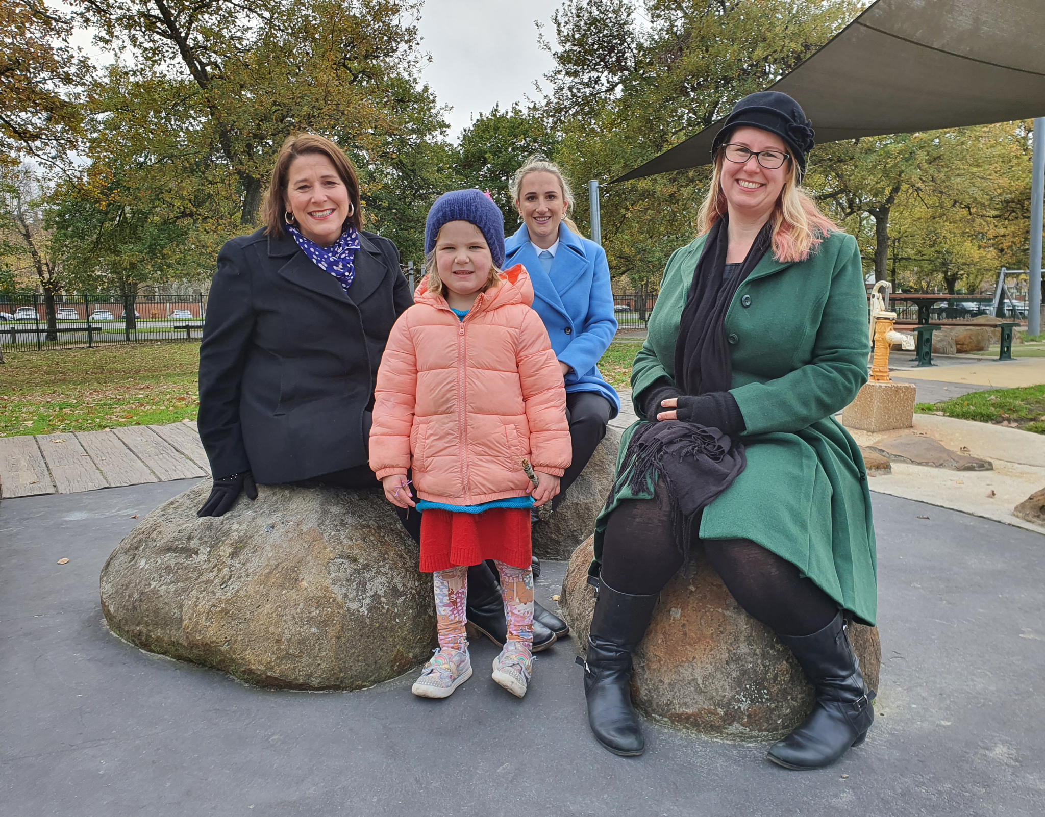Julianna Addison, Cr Amy Johnson, and Bec Patton at the Victoria Park inclusive play space
