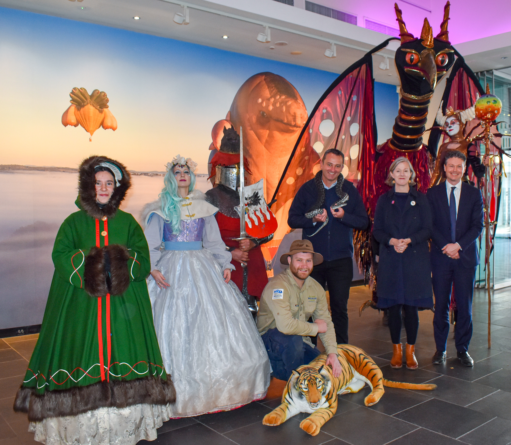 Mayor Cr Daniel Moloney with Art Gallery's Humphrey Clegg, Sovereign Hill CEO Sarah Quon, and representatives from Ballarat Wildlife Park, Beyond Dark and Kryal Castle