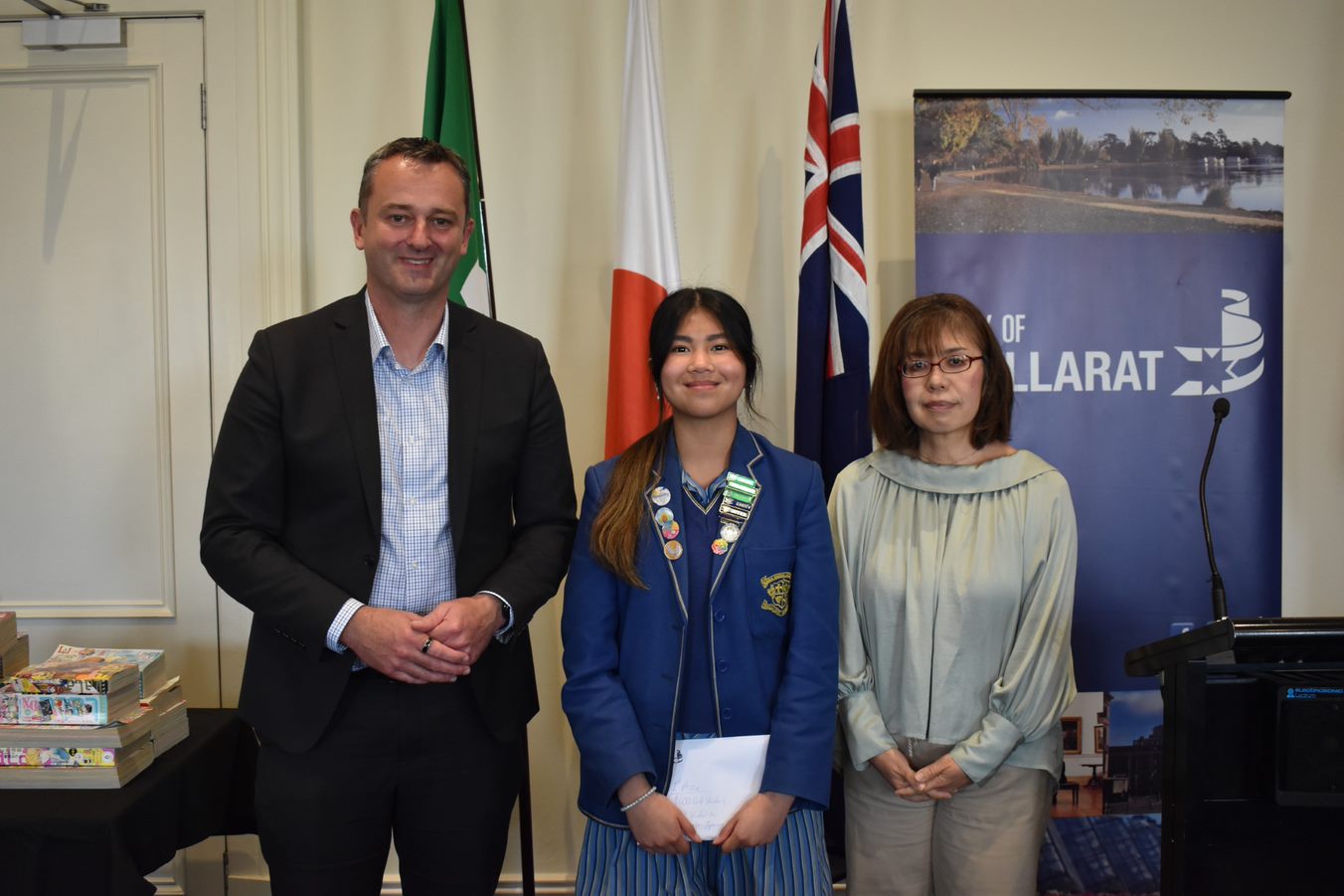 City of Ballarat Mr, Cr Daniel Moloney, with Japanese Speech contest winnerwinner, Loreto College student, Mathilda Carli, and contest judge Yukiyo Bayly. 