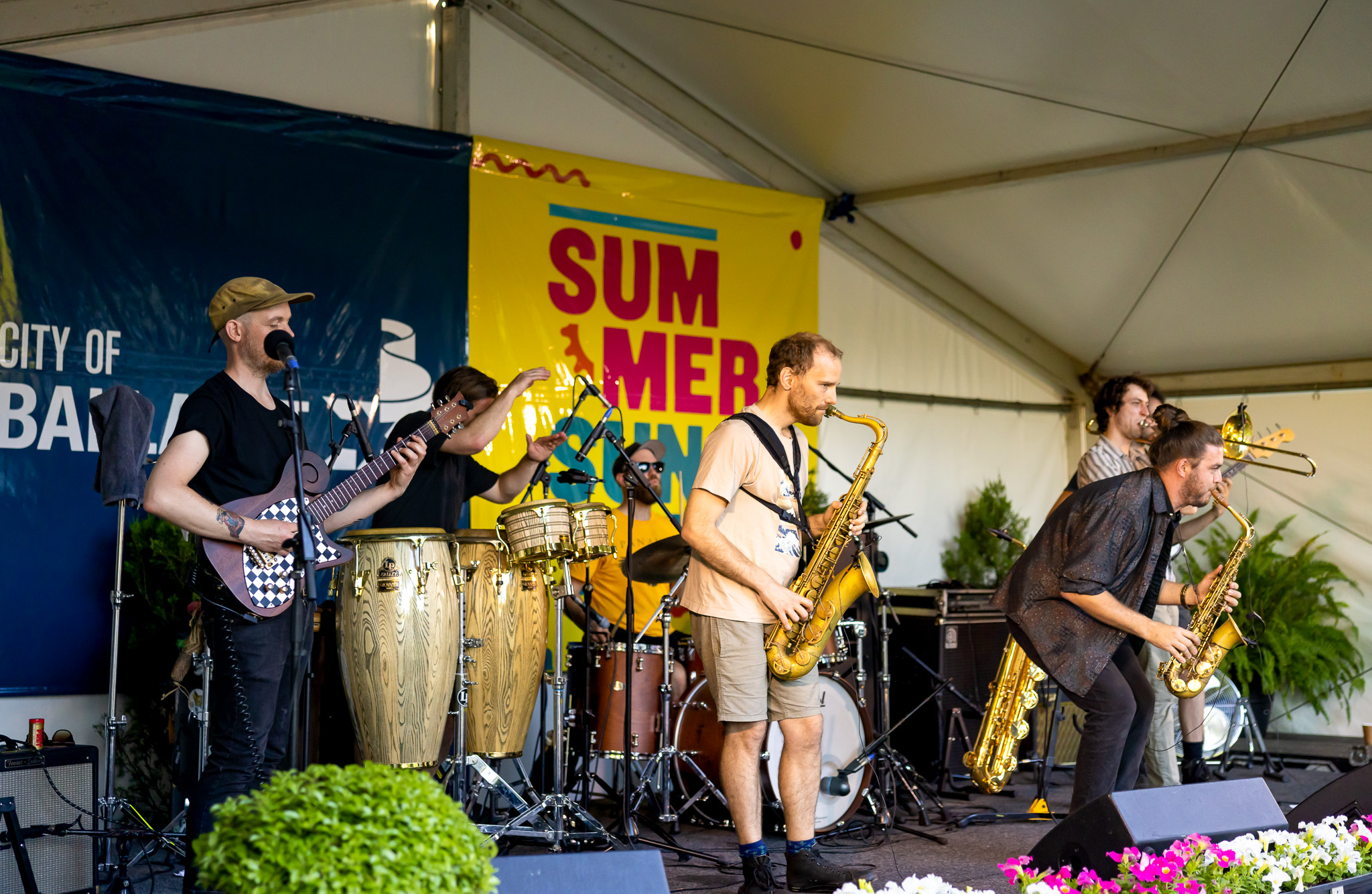 Band on stage at Summer Sundays event in week 1