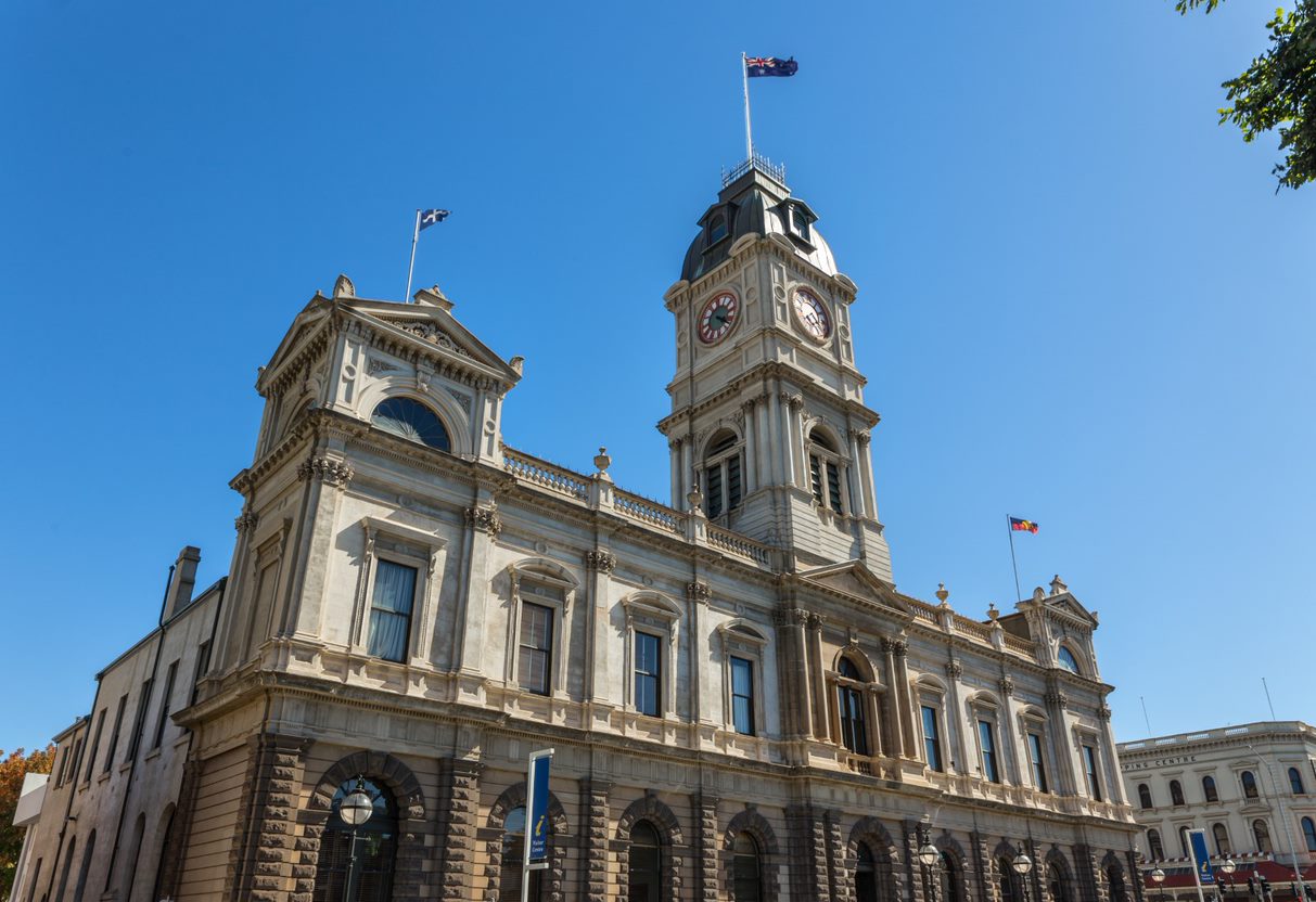 Ballarat Town Hall stands against a clear blue sky. 