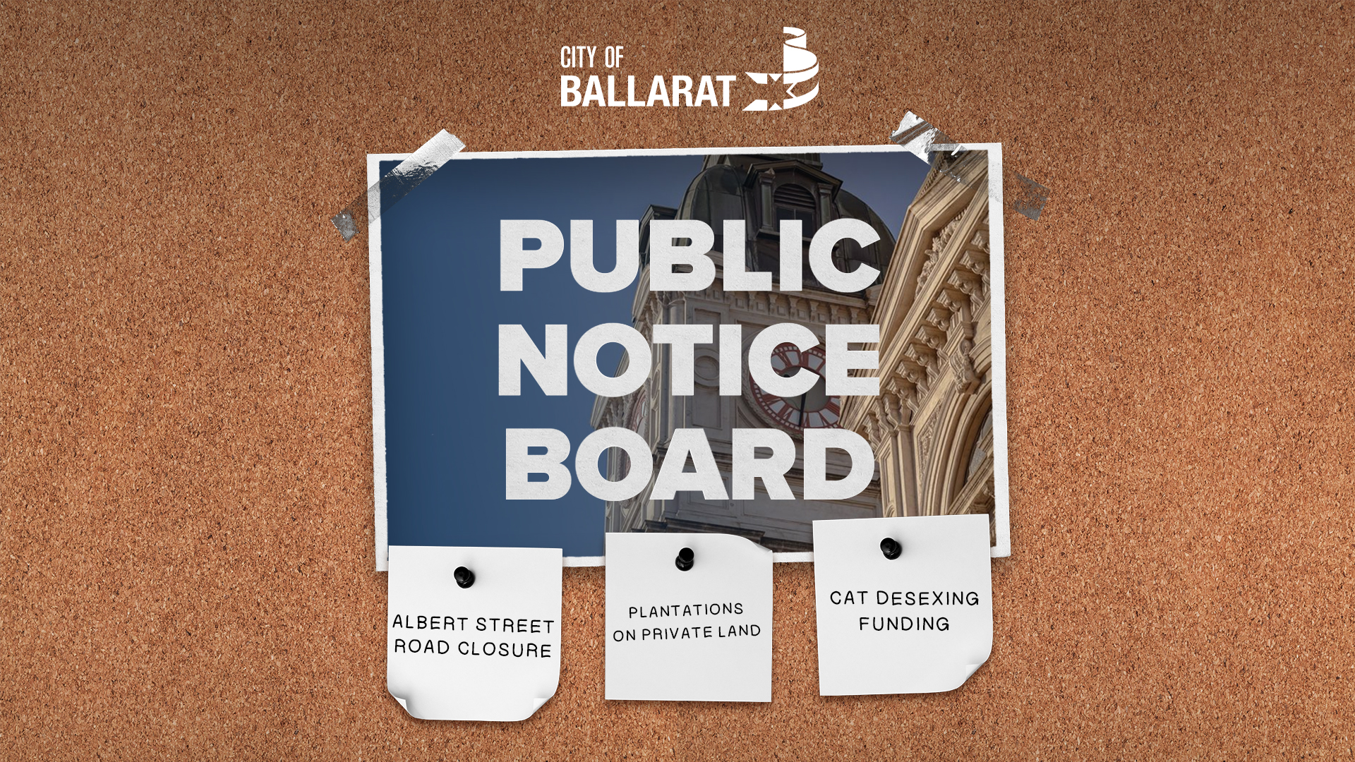 Notice board with Public Notice Board text over an image of Ballarat Town Hall. Three notes underneath with text saying ALBERT STREET ROAD CLOSURE, PLANTATIONS ON PRIVATE LAND, CAT DESEXING FUNDING