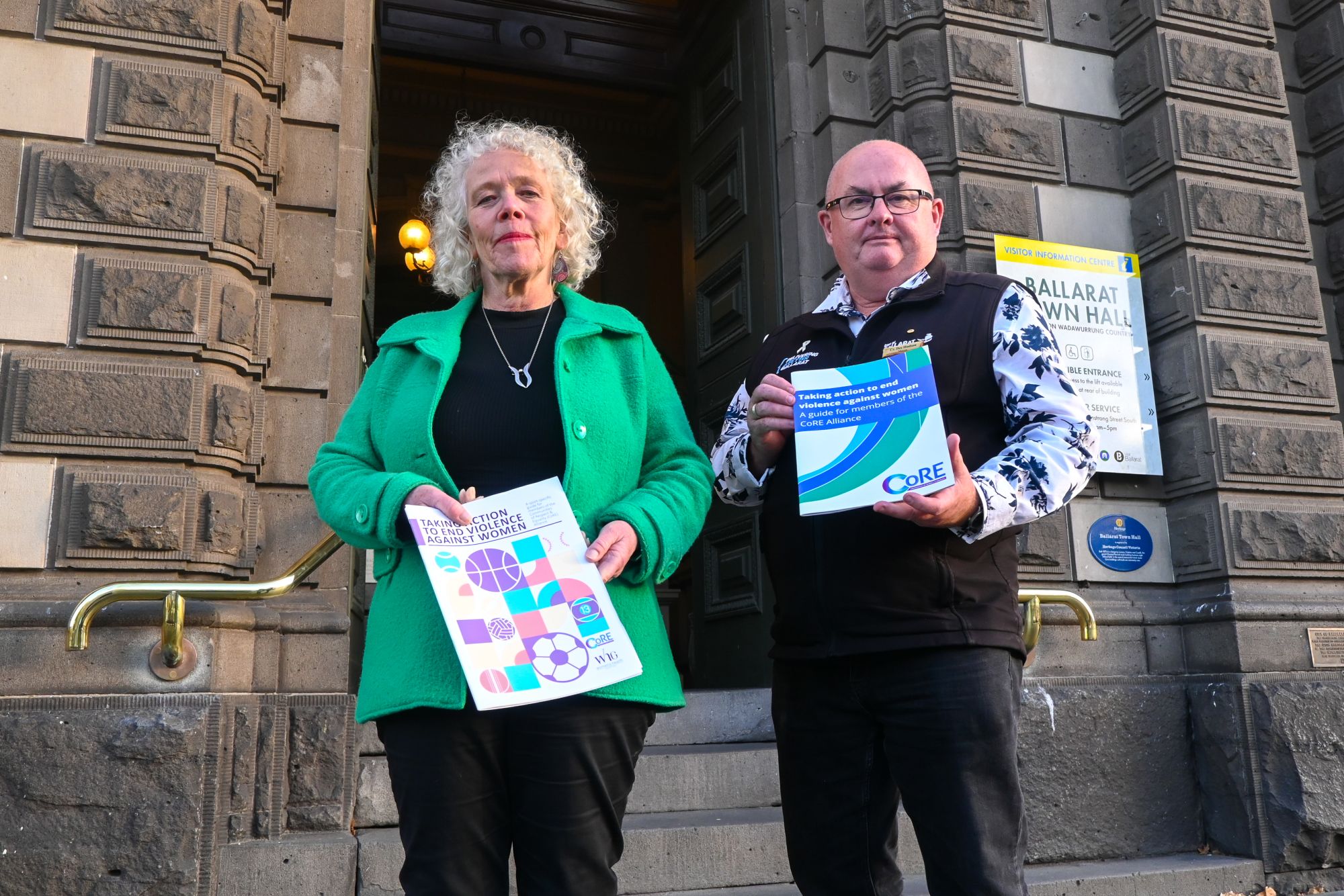 CEO WHG Marianne Hendron and Mayor Cr Des Hudson outside the Ballarat Town Hall on Sturt Street