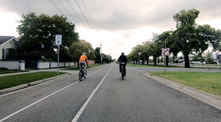 Two people on bikes cycle on a road, lined by trees. 