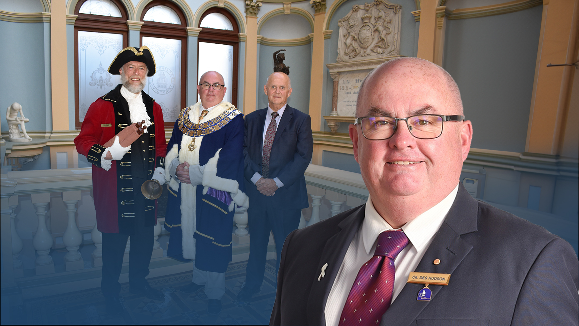 An image of Mayor Cr Des Hudson in front of a photo after Cr Des Hudson was elected as the returning City of Ballarat Mayor and Cr Peter Eddy as Deputy Mayor for the 2023/24 term. 