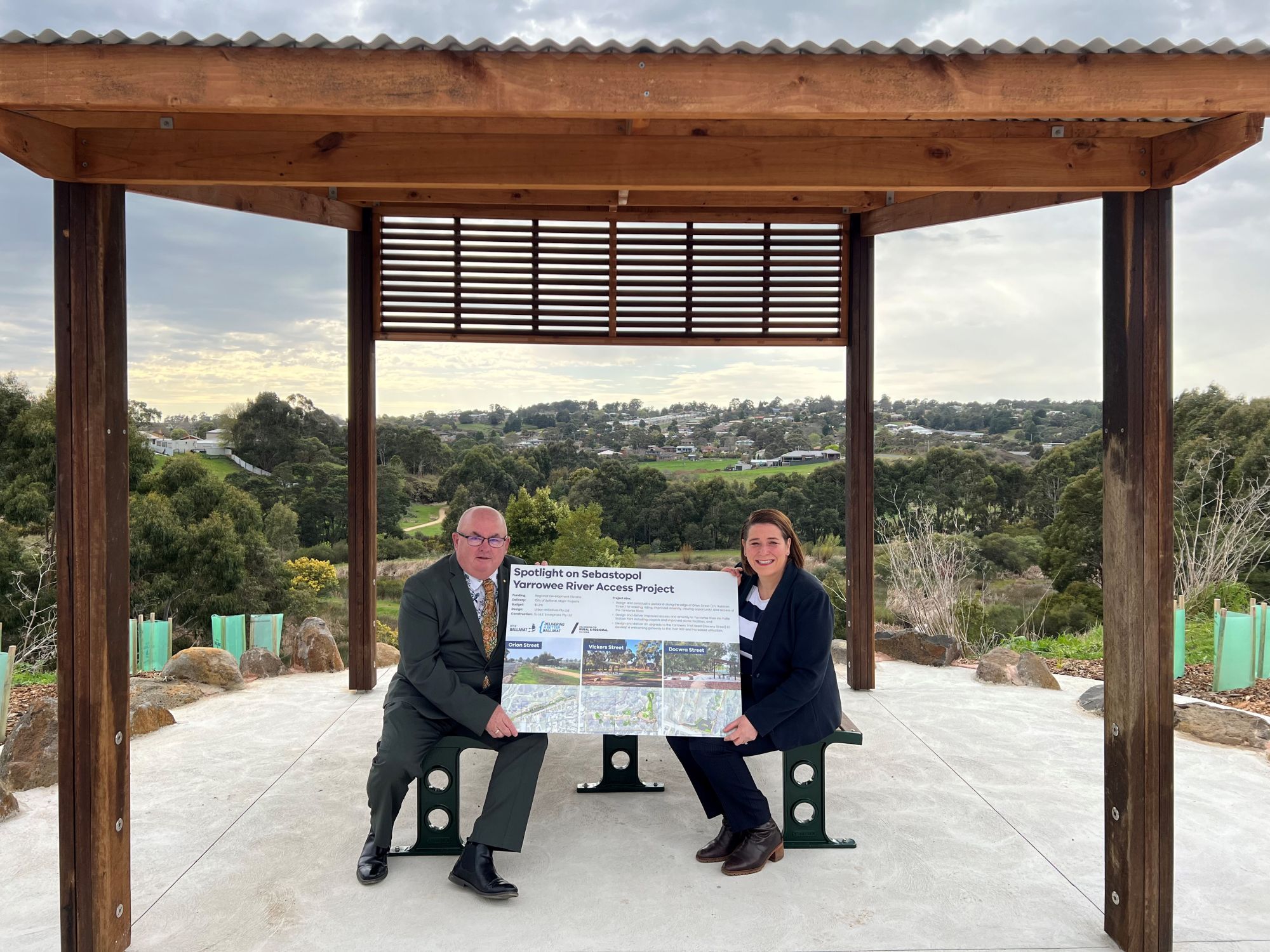 City of Ballarat Mayor Cr Des Hudson with Member for Wendouree, Juliana Addison MP, at the new viewing area and shelter in Orion Street, Sebastopol.