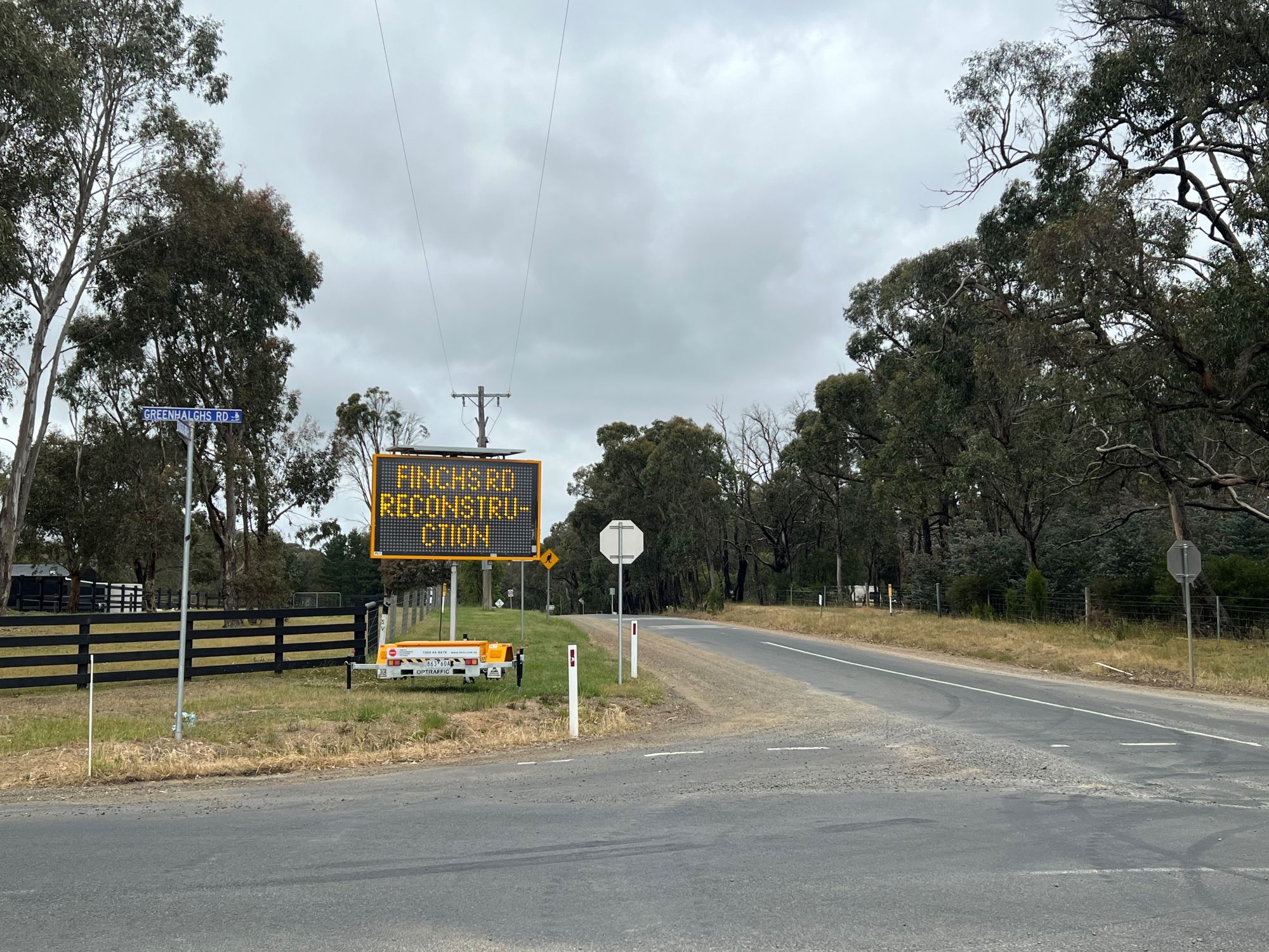 Finchs Road intersection with Video Messaging Sign advising of works.