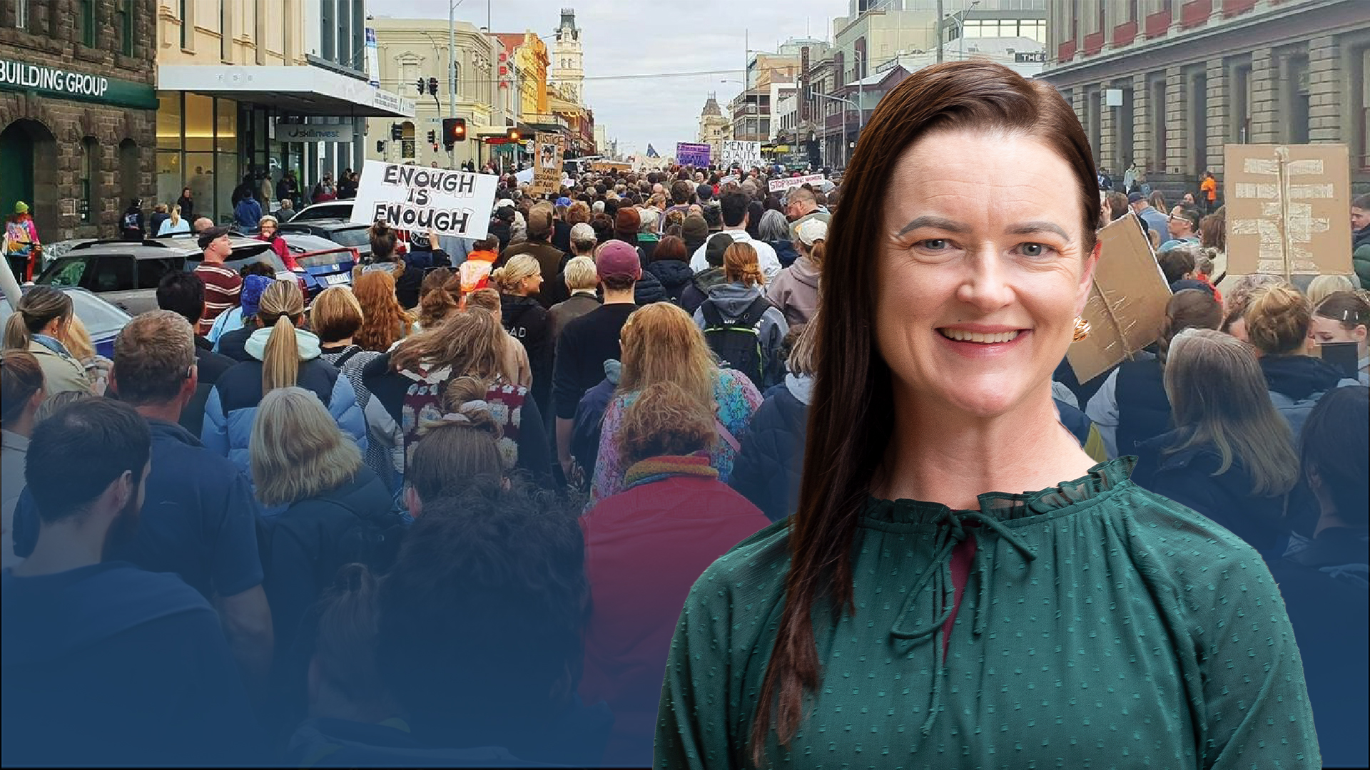 Image of Mayor Cr Tracey Hargreaves in front of a crowd at the Walk Against Gender-based violence in Ballarat