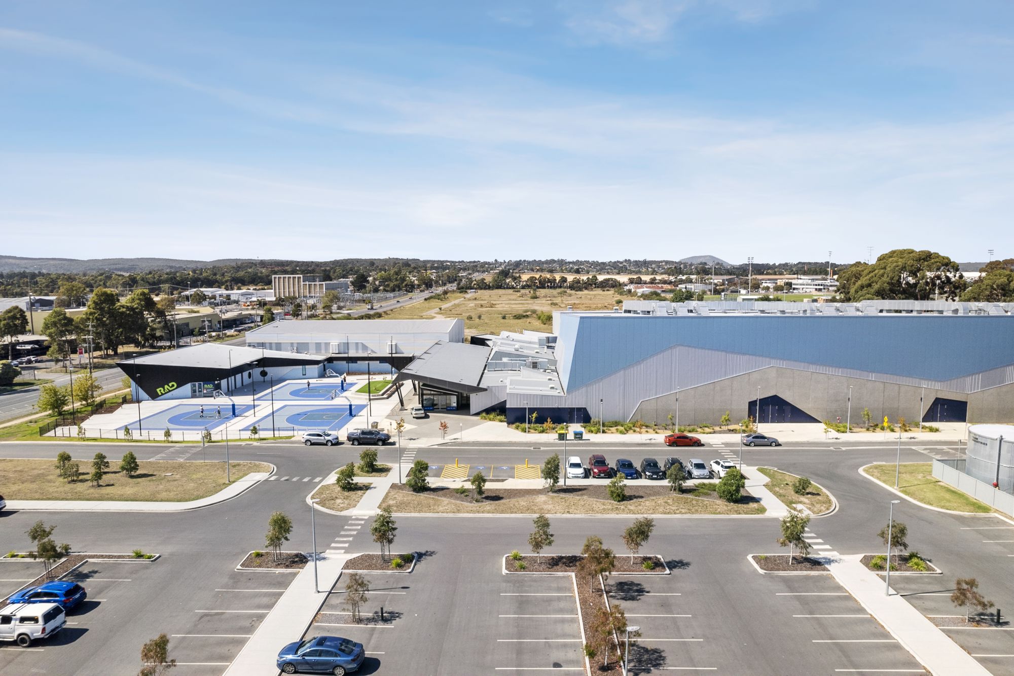 Drone shot of outside exterior at Selkirk Stadium