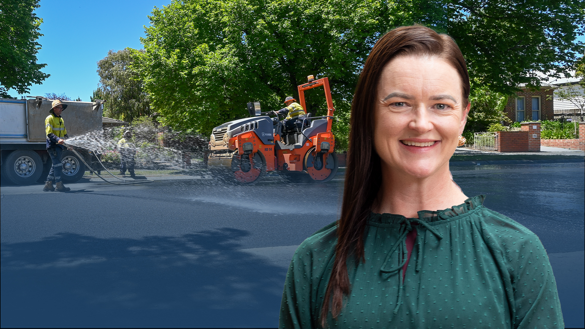 Image of Mayor Cr Tracey Hargreaves with a photo of roadworks taking place behind her