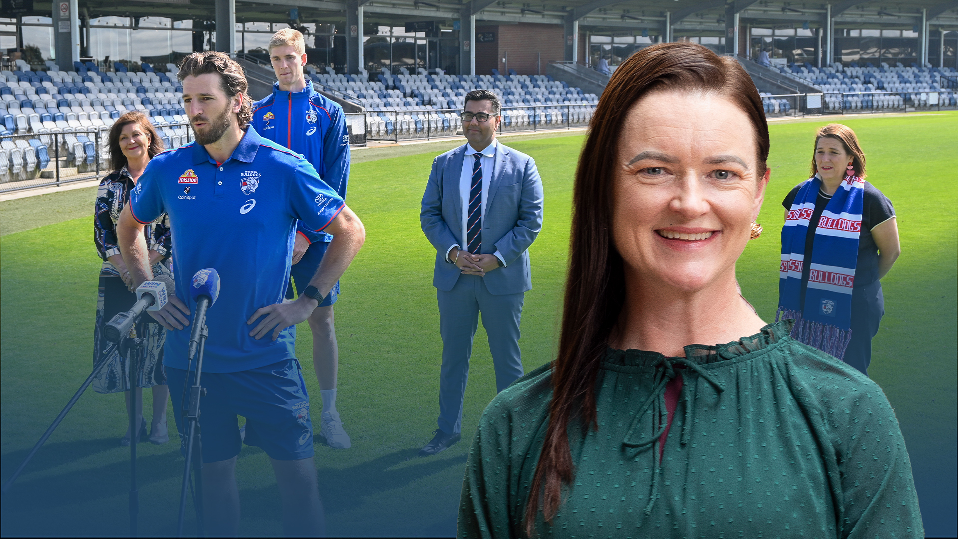 Portrait of Mayor Cr Tracey Hargreaves in front of an image of Cr Sam McIntosh, Western Bulldog Marcus Bontempelli, Western Bulldog Tim English, Western Bulldogs CEO Ameet Bains, and Member for Wendouree Juliana Addison at the announcement of Western Bulldogs partnership extension at Mars Stadium