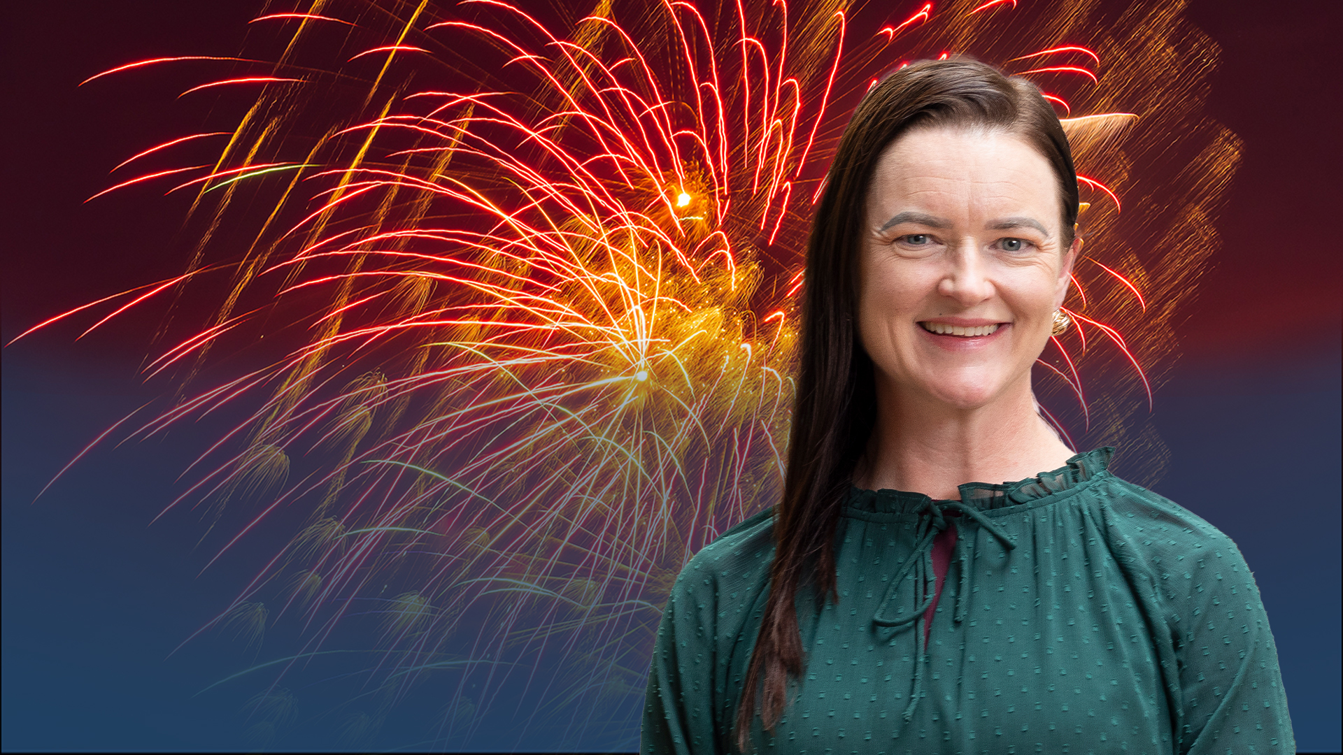 Portrait of Mayor Cr Tracey Hargreaves in front of an image of Ballarat's Fireworks display