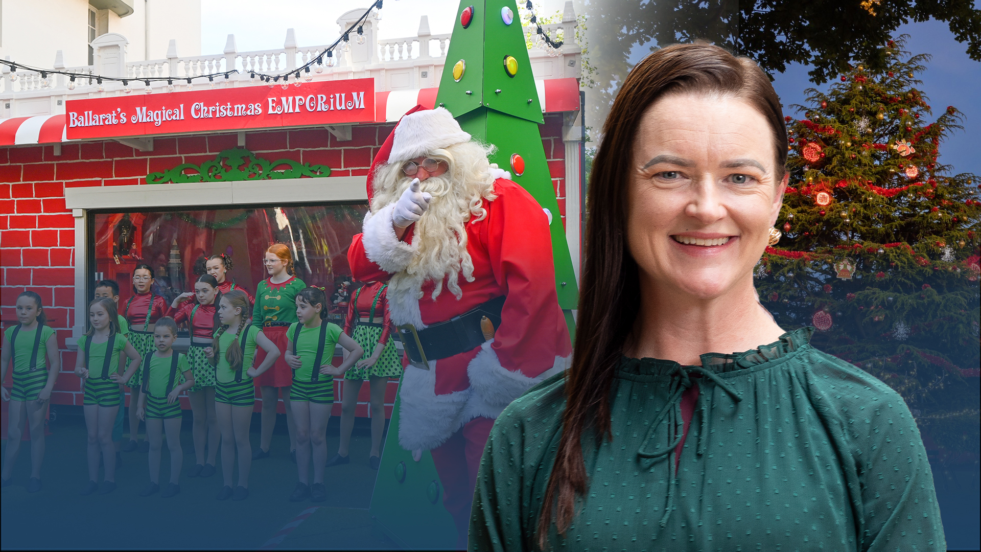 Image of Mayor Cr Tracey Hargreaves in front of Ballarat's Magical Christmas Emporium activation with young dancers and Santa