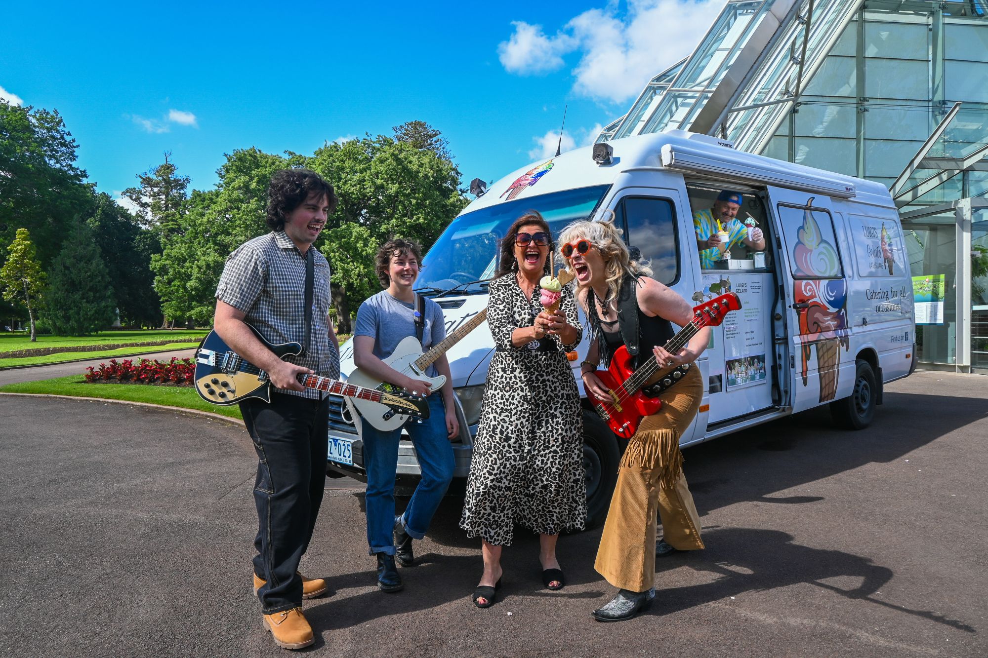 City of Ballarat Councillor, Cr Samantha McIntosh with artists that are performing at Summer Sundays, with Luigi from Luigi's Gelato. 