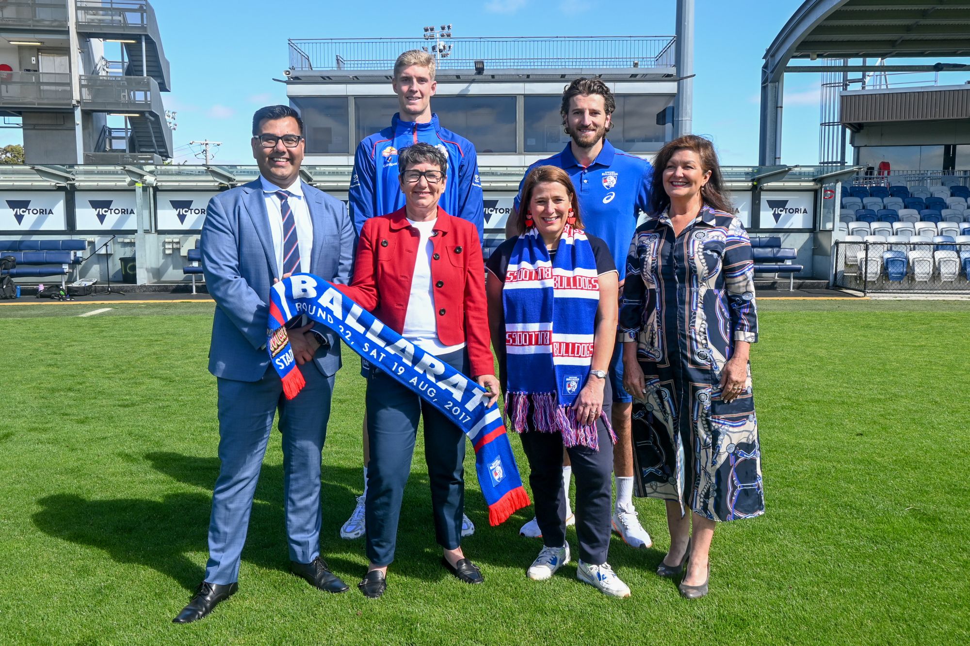 Western Bulldogs CEO Ameet Bains, players Tim English and Marcus Bontempelli, Member for Eureka Michaela Settle, Member for Wendouree Juliana Addison, and City of Ballarat Central Ward Councillor Samantha McIntosh.