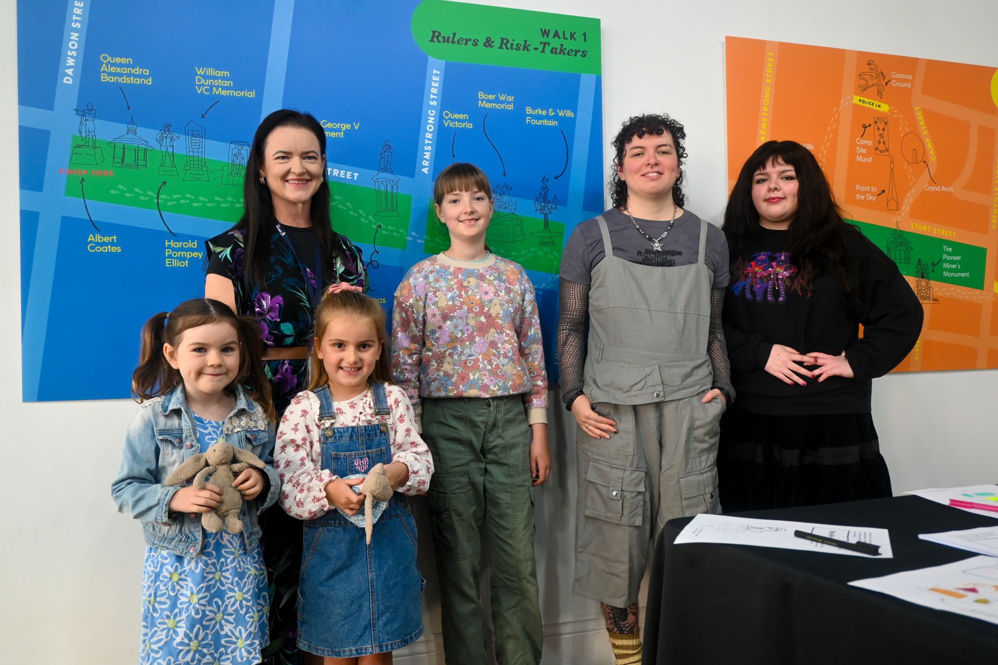 Two adults and three children stand in front of a blue map of Ballarat's CBD. 