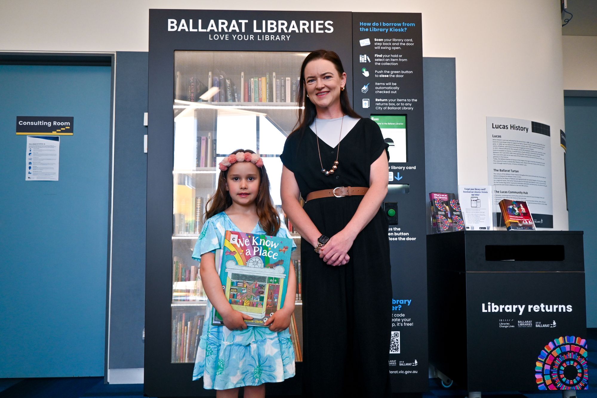 City of Ballarat Mayor, Cr Tracey Hargreaves with Lucas resident Isabella Costanzo at the Lucas Community Hub library kiosk.