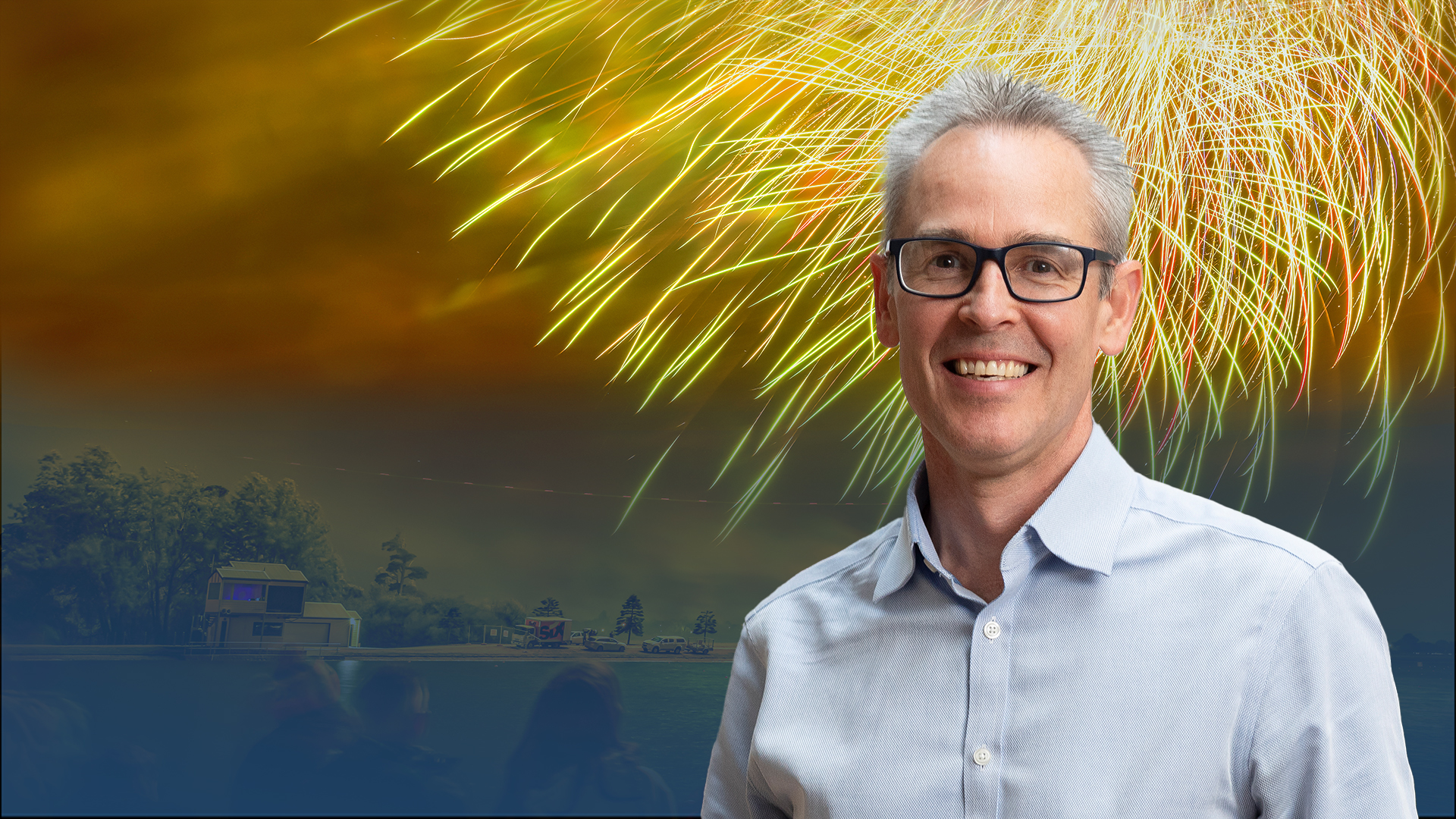 Image of Deputy Mayor Cr Ben Taylor in front of the fireworks display at Lake Wendouree