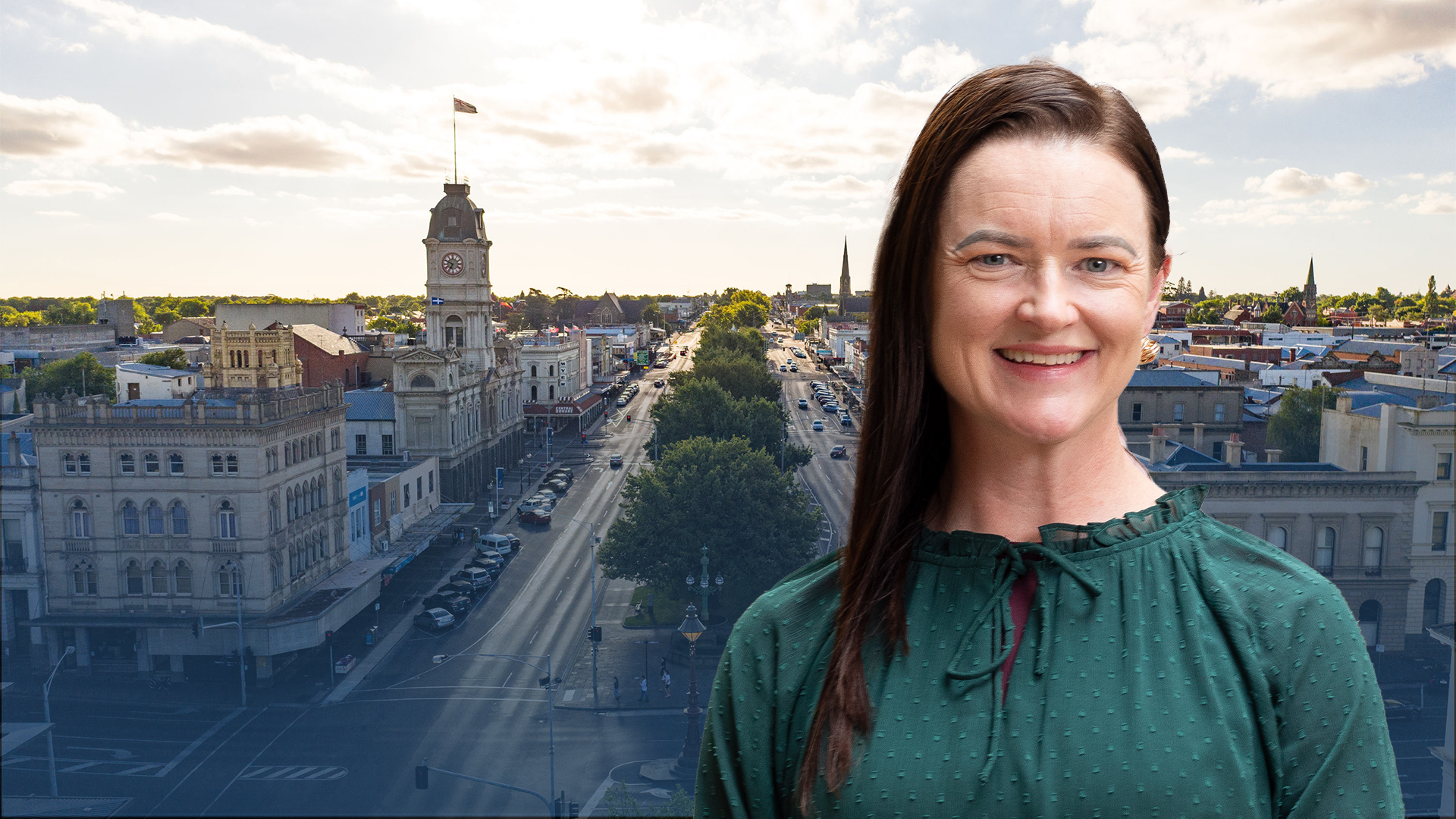 Image of Mayor Cr Tracey Hargreaves in front of an image of aerial view of Sturt Street, Ballarat