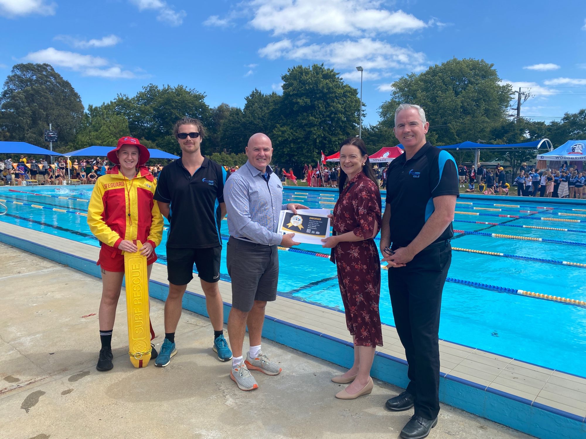 Lifeguard Tara Dyer, Senior Duty Manager Luke McNeight, Life Saving Victoria Pool Assessor Colin McKibbin, City of Ballarat Mayor Cr Tracey Hargreaves and Manager Aquatic and Leisure Services Gerald Dixon at Eureka Pool.