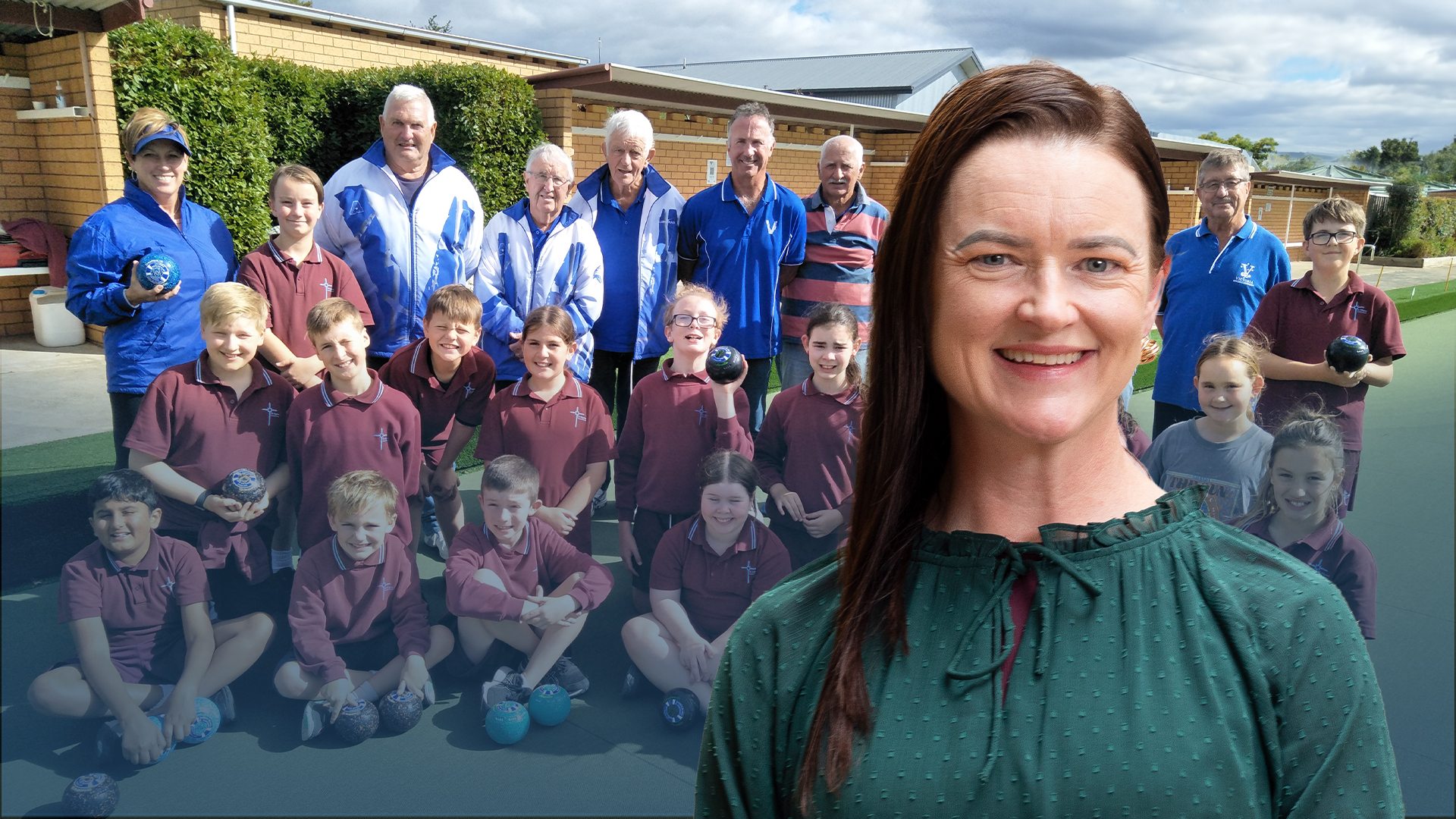 Image of Mayor Cr Tracey Hargreaves in front of a group of players from the Victorian Bowling Club