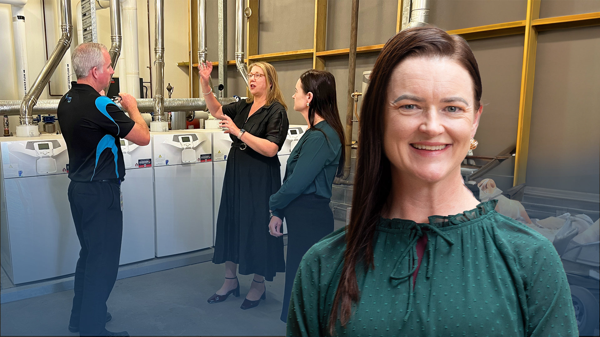 Image of Mayor Cr Tracey Hargreaves in front of the BALC heat pump system.