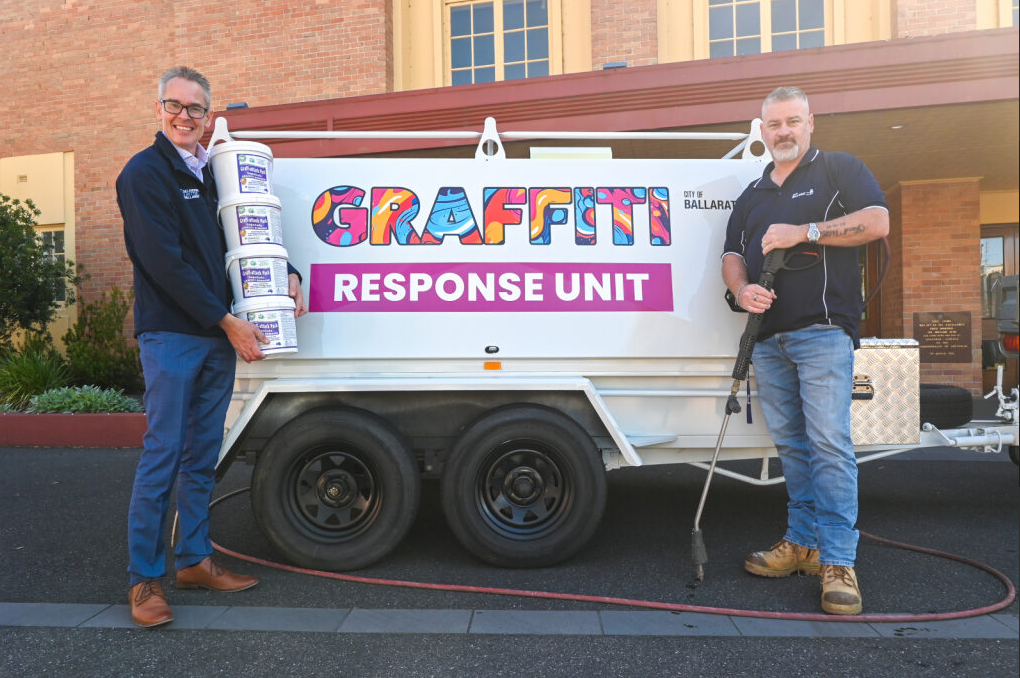 City of Ballarat Deputy Mayor Cr Ben Taylor and City of Ballarat Facility Maintenance Supervisor Justin Trevorrow with the Graffiti Response Unit trailer