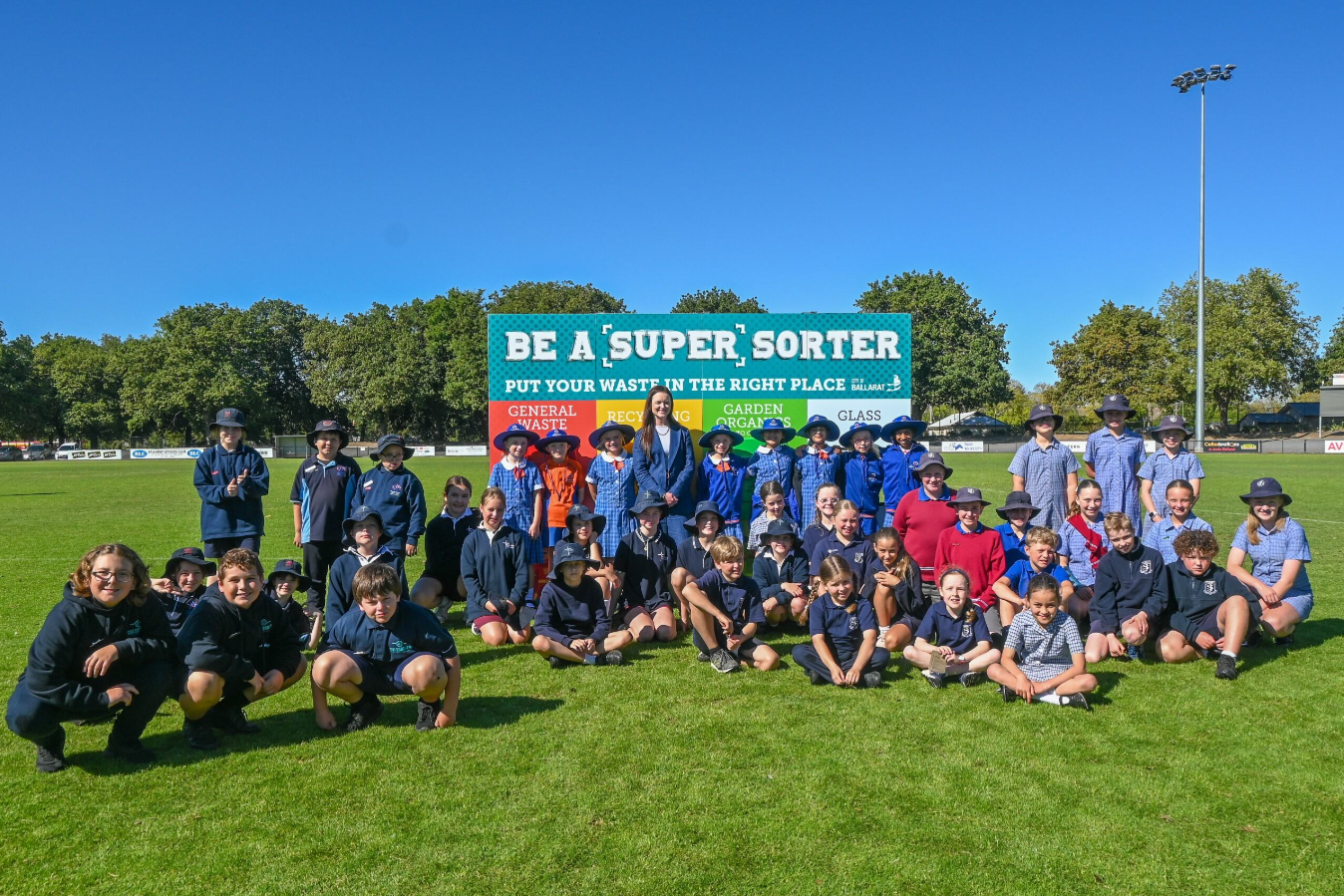 City of Ballarat Mayor Cr Tracey Hargreaves with children who competed in the Waste Super Sorter Competition