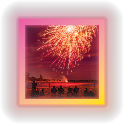 image of fireworks at Lake Wendouree with neon pink and yellow square frame around it