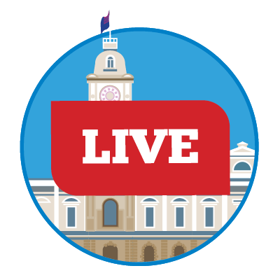 graphic of town hall with live written across it