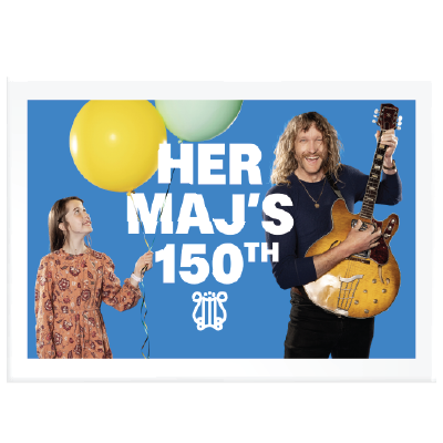 image of a child holding a balloon and a man with a guitar. This text reads: Her Maj's 150th