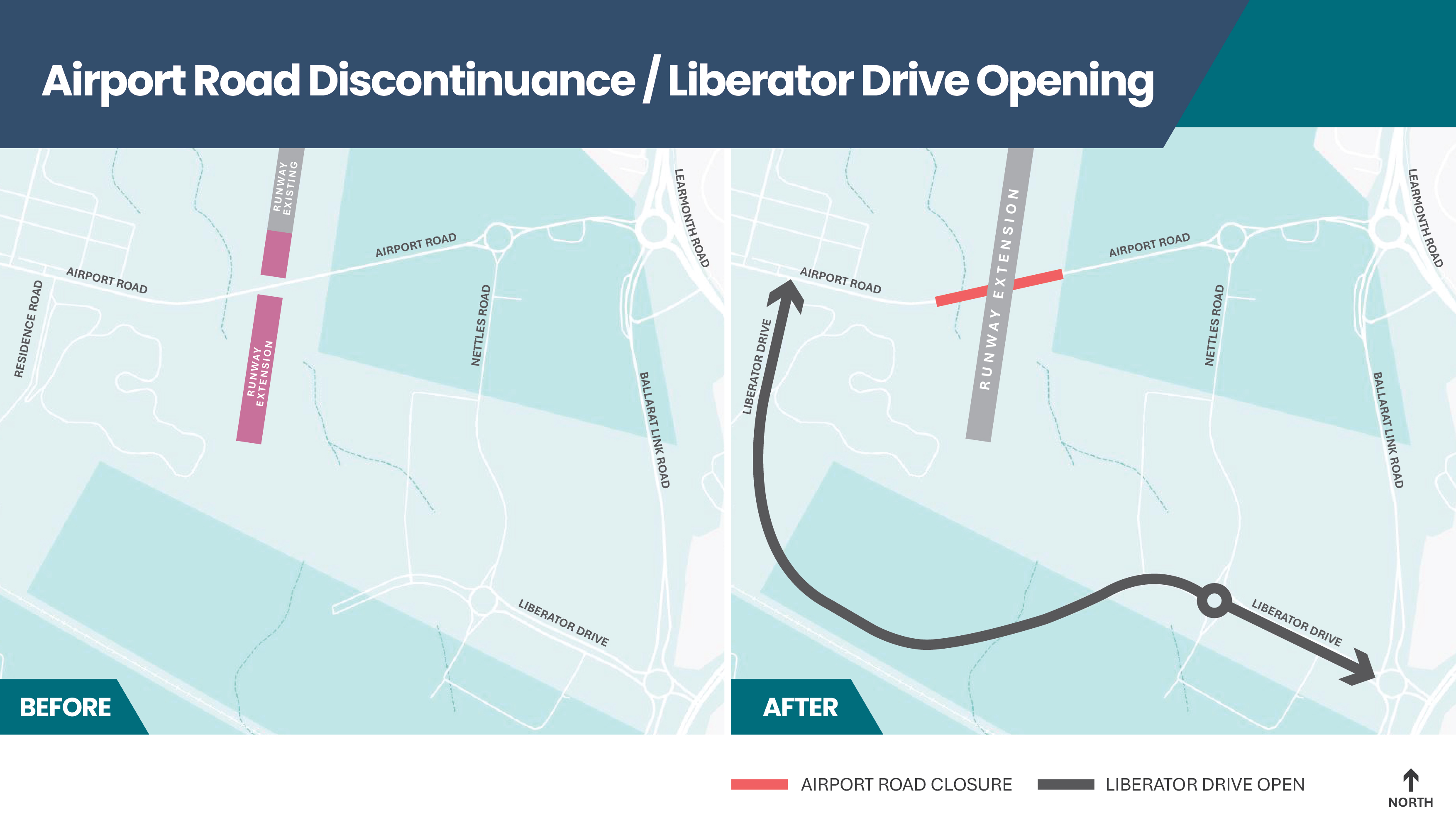 Two maps showing a 'before' and 'after ' of the changes to Liberator Drive and Airport Road. 