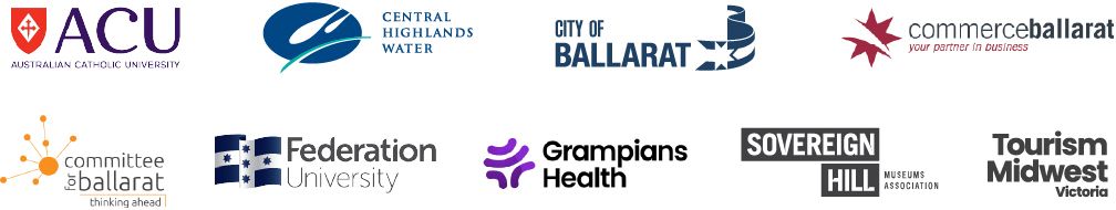 Logos: Australian Catholic University, Central highlands Water, City of Ballarat, Commerce Ballarat, Committee for Ballarat, Federation University, Grampians Health, Sovereign Hill, Tourism Midwest Victoria