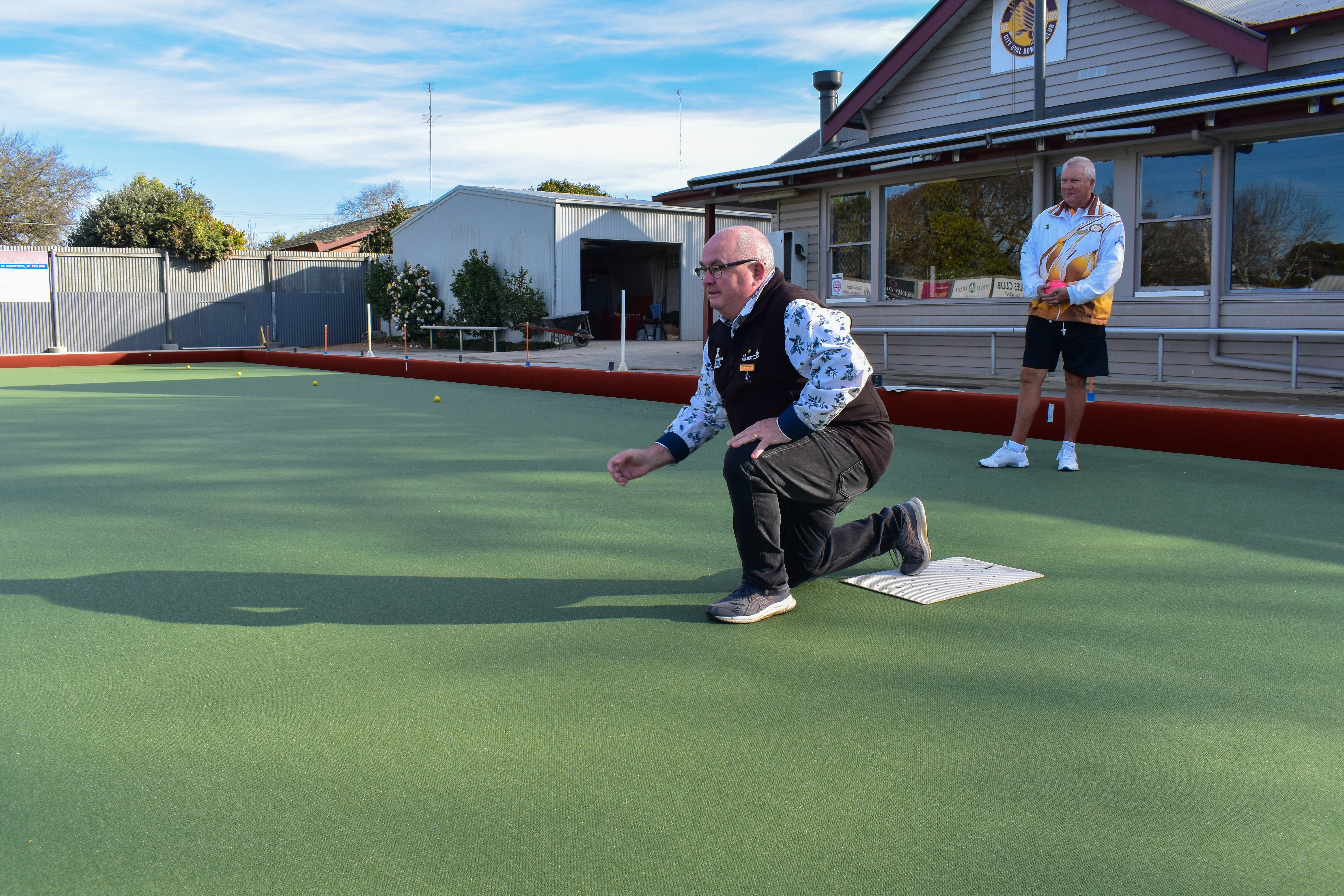 Mayor Cr Des Hudson and City Oval Bowling Club's Leigh McKenzie