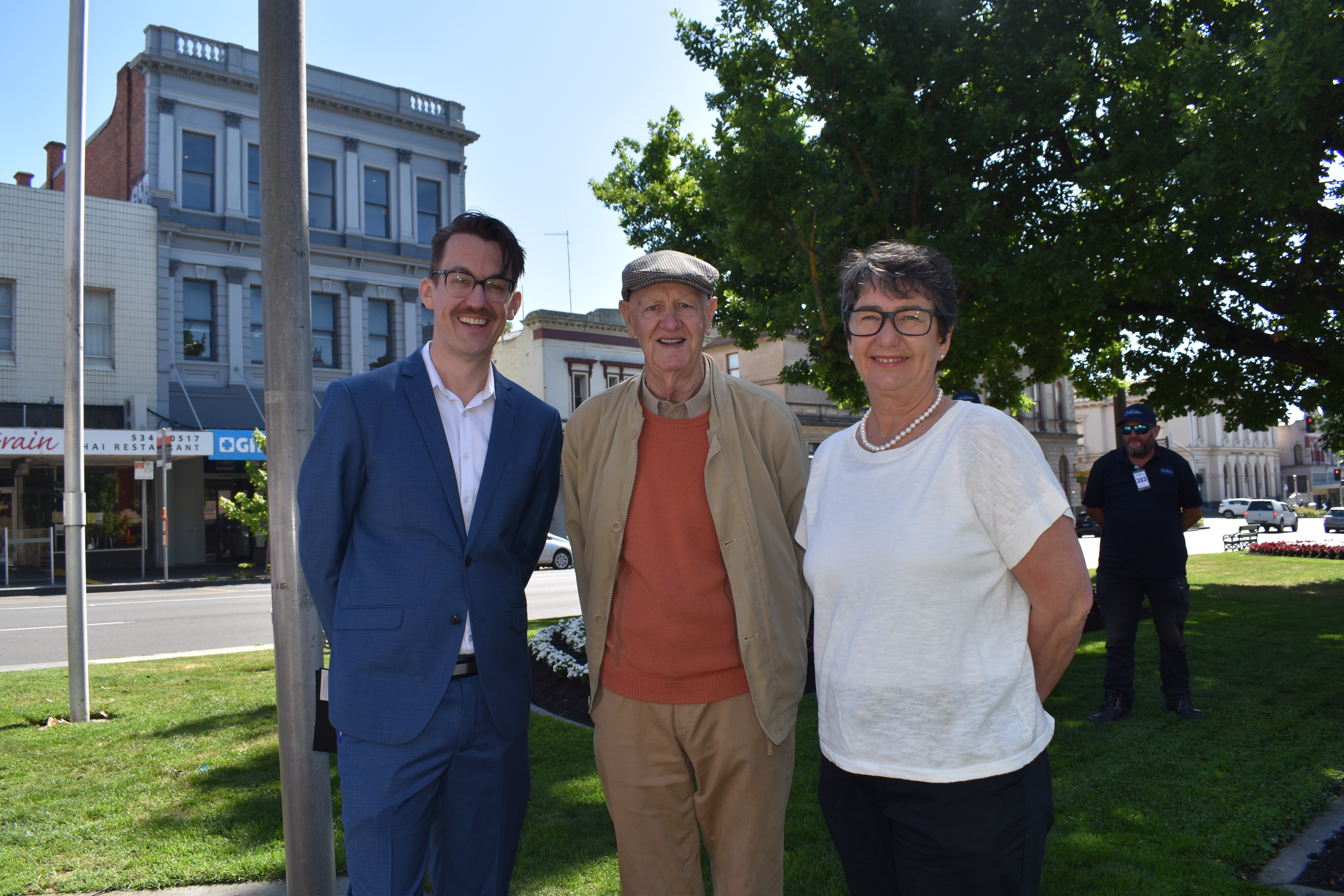 City of Ballarat Councillor Cr Jay Morrison, Eureka descendant Phillip Moore and Member for Eureka Michaela Settle.