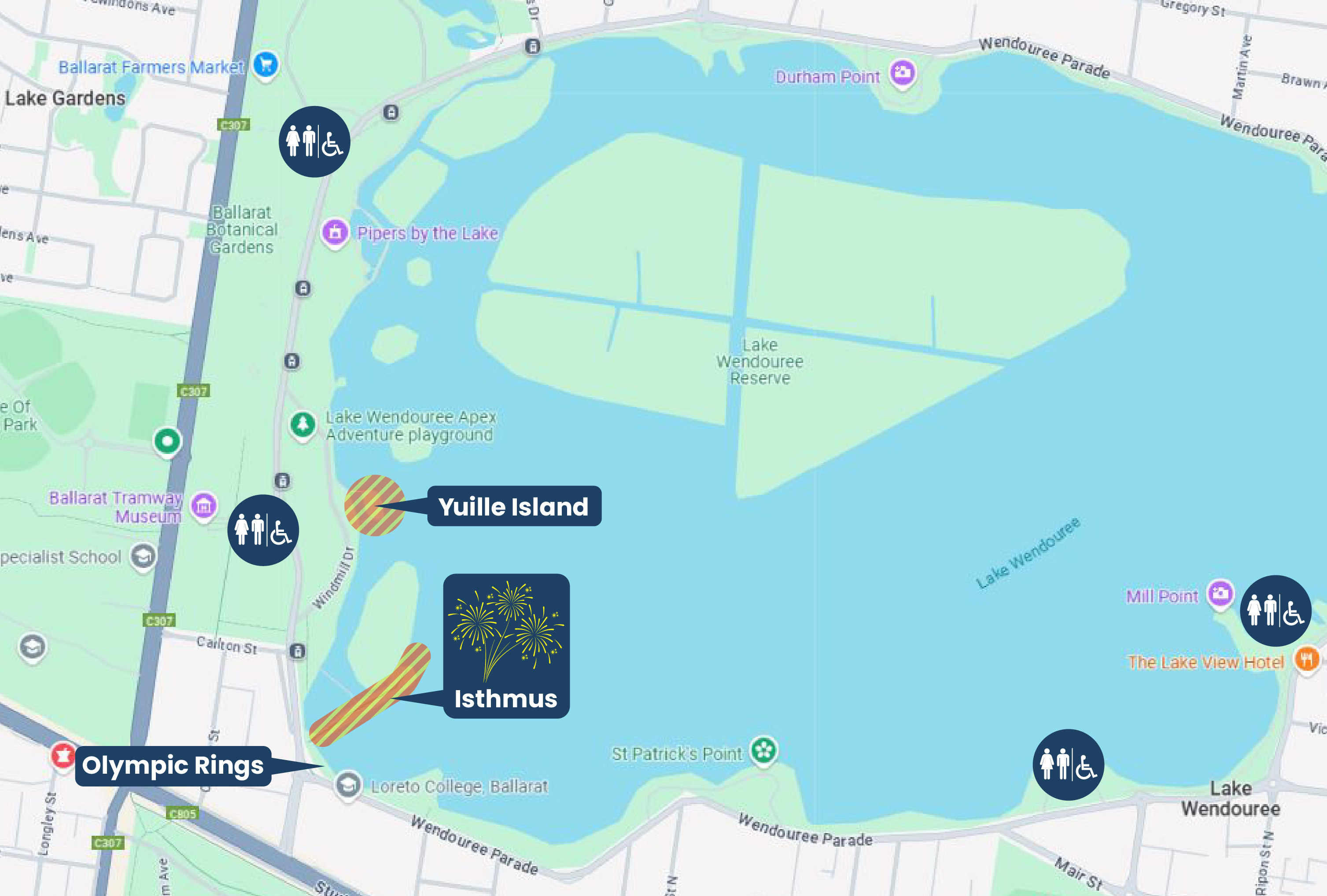 map of the lake showing location of fireworks at the isthmus, toilets and Yuille island