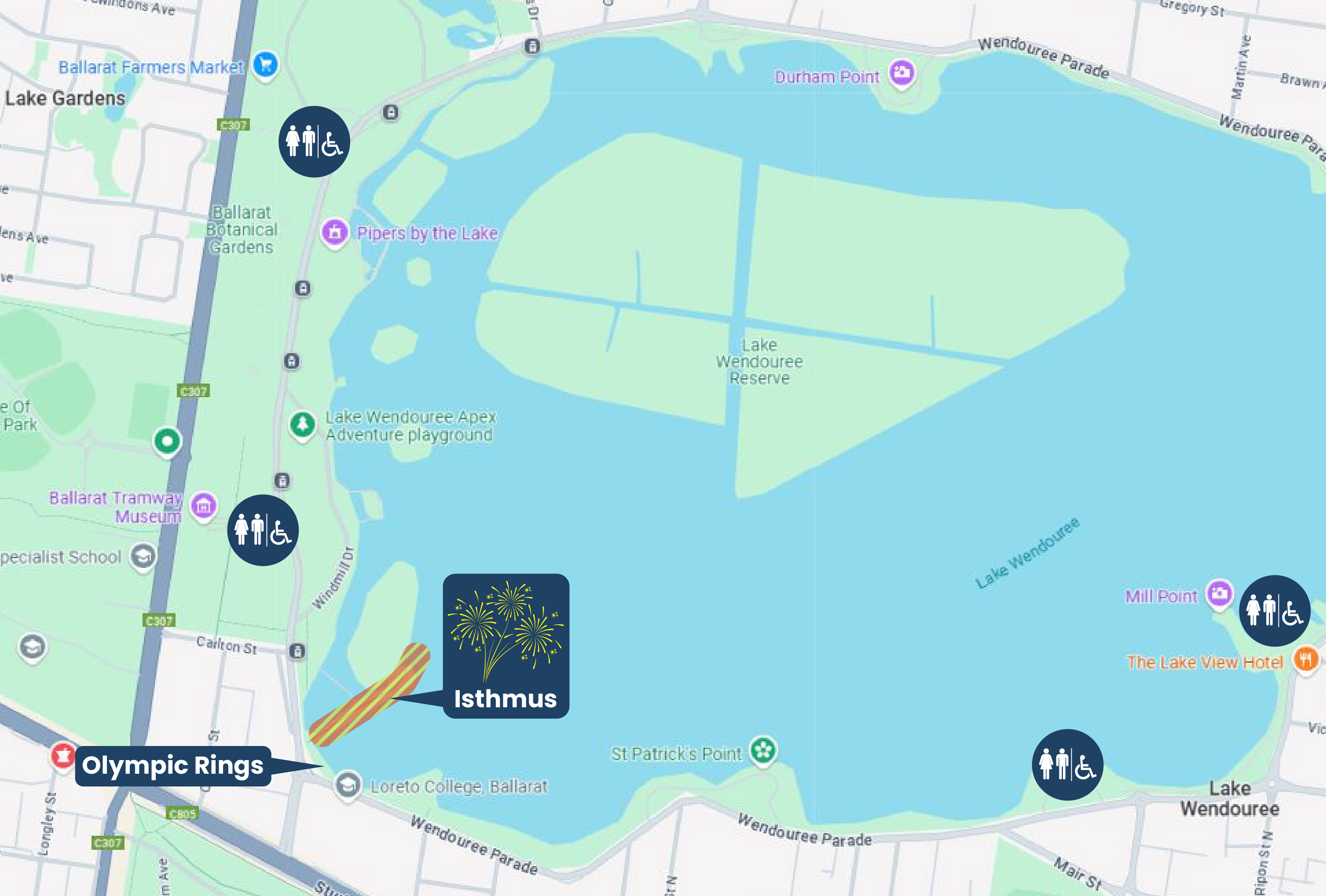 map of the lake showing location of fireworks at the isthmus and toilets