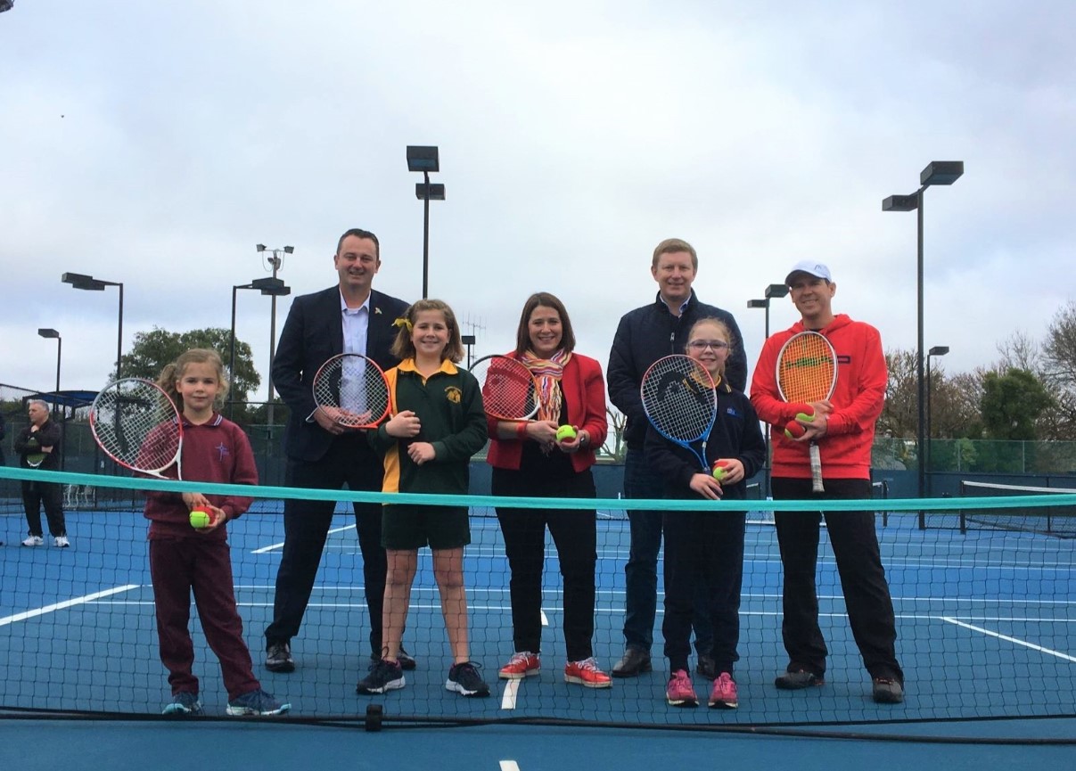 Ballarat Mayor Daniel Moloney, member for Wendouree Juliana Addison and some keen young tennis players at the announcement of $1 million Victorian Government funding for the Ballarat Regional Tennis Centre upgrade 