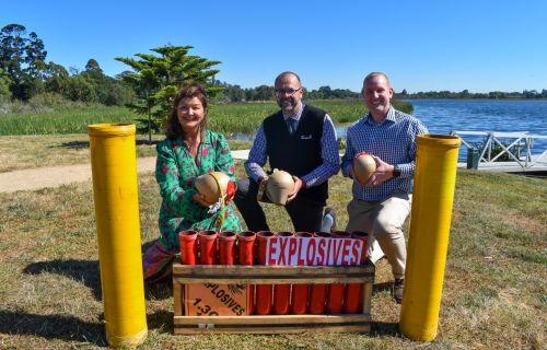 Cr Samantha McIntosh, Acting CEO John Hausler and Matthew Batty from Northern Fireworks with the some fireworks.