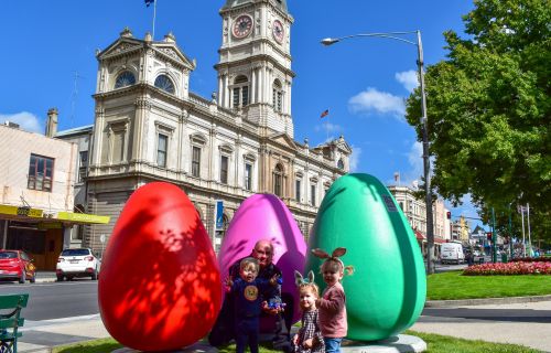 Generic image of giant easter eggs, Town Hall, Mr Mayor and children