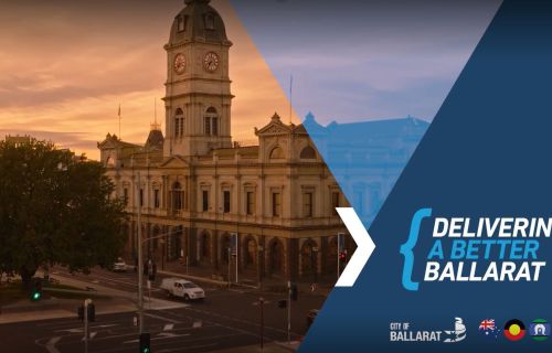 Image of Town Hall with text on right hand side saying delivering a better Ballarat