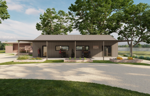 An artist's rendering of a brown shed-like building with wide veranda 