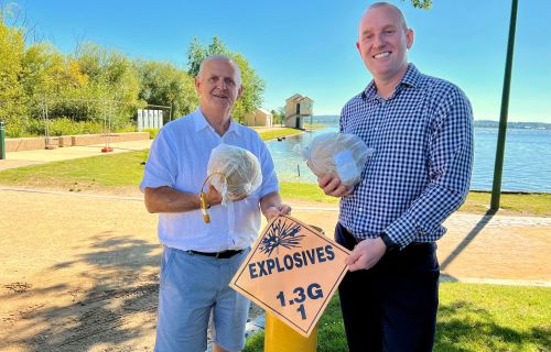 Cr Peter Eddy and Matthew Batty at Lake Wendouree previewing the Fireworks Spectacular 2024