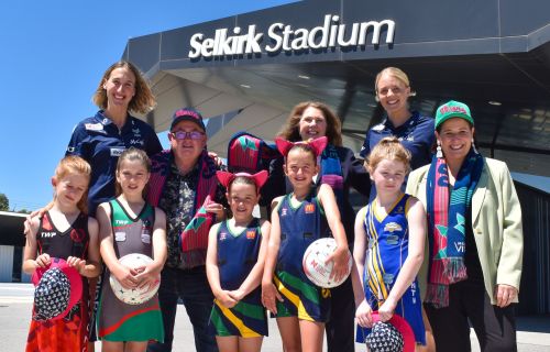 Melbourne Vixens and Netball Victoria announcement - Mayor Des Hudson, Juliana Addison, Catherine King.