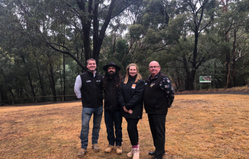 City of Ballarat Senior Sustainability Policy and ESD Officer Heath Steward, Wadawurrung Traditional Owners Aboriginal Corporation representatives Chase Aghan and Kelly Ann Blake, Mayor Cr Des Hudson at Gong Gong Reservoir.