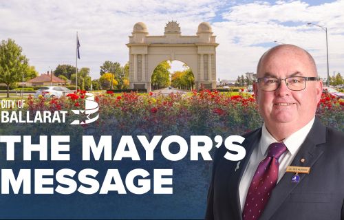 Text with The Mayor's Message with an image of Mayor Cr Des Hudson in front of the Arch of Victory