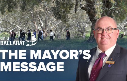Text with The Mayor's Message with an image of Mayor Cr Des Hudson in front of a wide shot of a group of Nature Stewards walking through the bush.