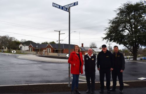 Member for Ballarat Catherine King, City of Ballarat Mayor, Cr Des Hudson and Ballarat Brass Band members Chris Ducardus and Tony Vanderkley at the new roundabout.