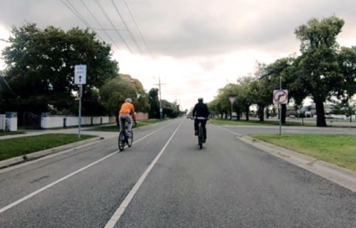 Two people on bikes cycle on a road, lined by trees. 